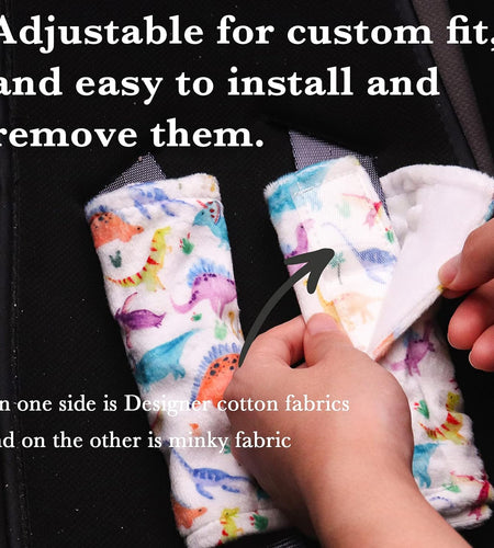 Baby Car Seat Belt Covers for Boys and Girls, Carseat Shoulder Padding, Soft Car Seat Neck Cover, Minky Car Seat Straps Shoulder Pads, Dinosaur Stroller Strap Cover for Baby Kids,White
