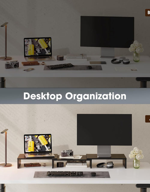 Load image into Gallery viewer, Dual Monitor Stand – 3 Shelf Computer Monitor Riser, Wood Desktop Stand with Adjustable Length and Angle, Desk Accessories, Office Supplies Medium Black,Dt108001Wb
