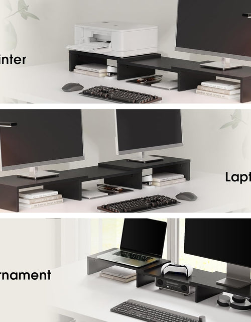 Load image into Gallery viewer, Dual Monitor Stand – 3 Shelf Computer Monitor Riser, Wood Desktop Stand with Adjustable Length and Angle, Desk Accessories, Office Supplies Medium Black,Dt108001Wb
