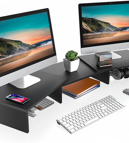 Dual Monitor Stand – 3 Shelf Computer Monitor Riser, Wood Desktop Stand with Adjustable Length and Angle, Desk Accessories, Office Supplies Medium Black,Dt108001Wb