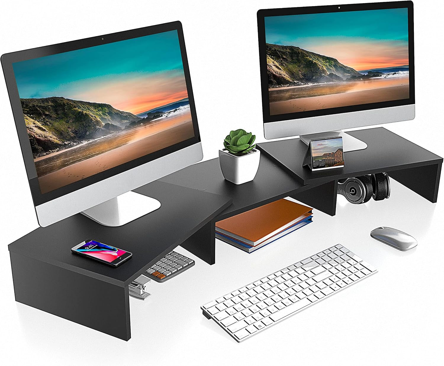 Dual Monitor Stand – 3 Shelf Computer Monitor Riser, Wood Desktop Stand with Adjustable Length and Angle, Desk Accessories, Office Supplies Medium Black,Dt108001Wb