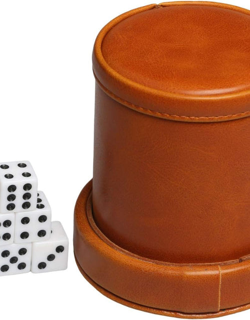 Load image into Gallery viewer, Leatherette Dice Cup with Lid Includes 6 Dices, Velvet Interior Quiet in Shaking for Liars Dice Farkle Yahtzee Board Games, Brown

