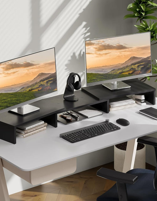 Load image into Gallery viewer, Dual Monitor Stand – 3 Shelf Computer Monitor Riser, Wood Desktop Stand with Adjustable Length and Angle, Desk Accessories, Office Supplies Medium Black,Dt108001Wb
